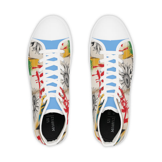 Artistic High Top Sneakers, Unique Canvas Footwear, Trendy High Tops, Customizable Sneaker Design, Unisex Fashion Sneakers